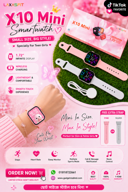 X10 Mini Smartwatch – Stylish Compact Smart Watch for Small Wrists | 1.72" Full Touch Display, Wireless Charging, Free Extra Strap